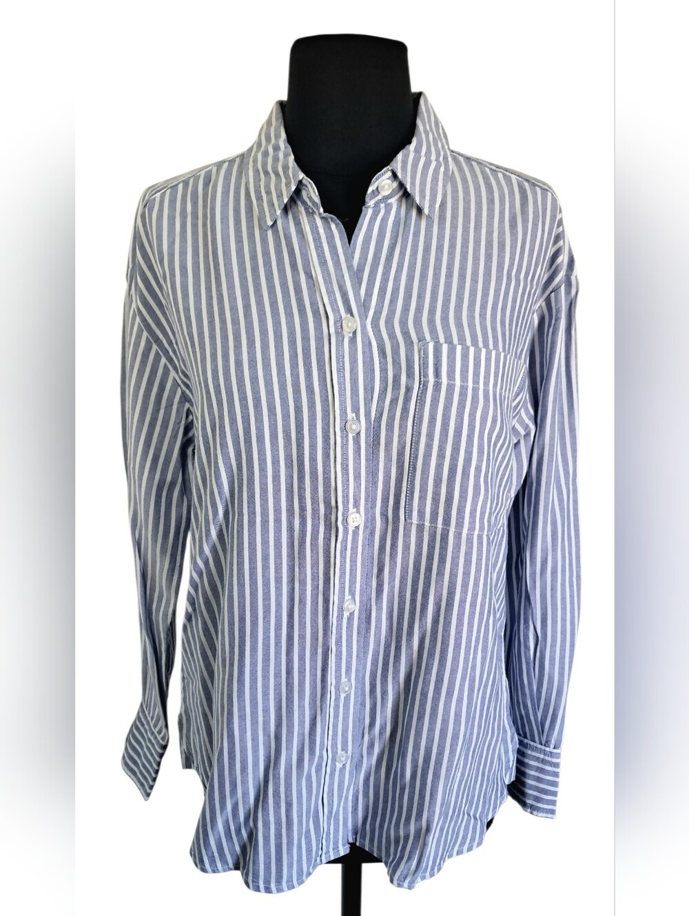 Lola River Women's Boxy Crop Thin Striped Long Sleeve Button Down Shirt NWT